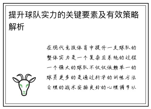 提升球队实力的关键要素及有效策略解析