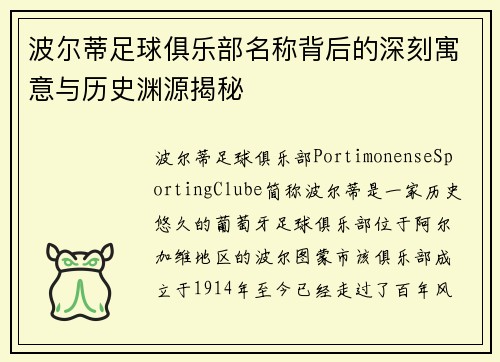 波尔蒂足球俱乐部名称背后的深刻寓意与历史渊源揭秘