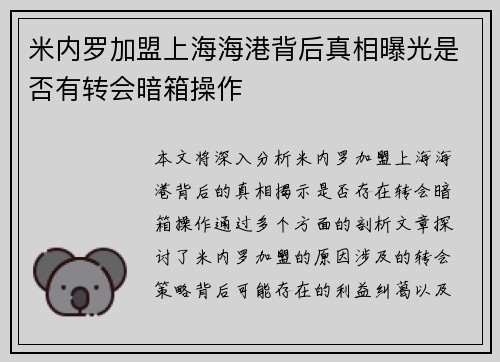 米内罗加盟上海海港背后真相曝光是否有转会暗箱操作